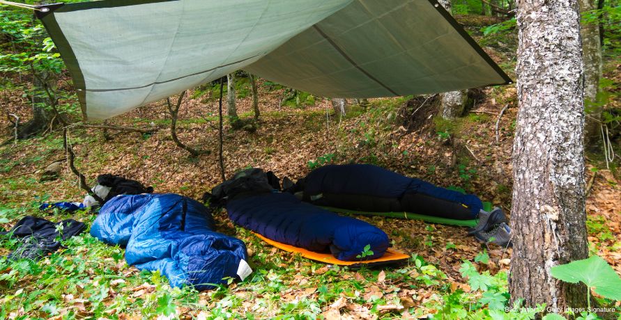 Drei Schlafsäcke liegen unter einem Tarp im Wald